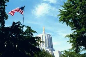 InfoSENTRY Photo of Oregon State Capitol dome with the gold Pioneer on top. Blue sky in the background and American Flag in the foreground. Oregon statewide voter registarion system.